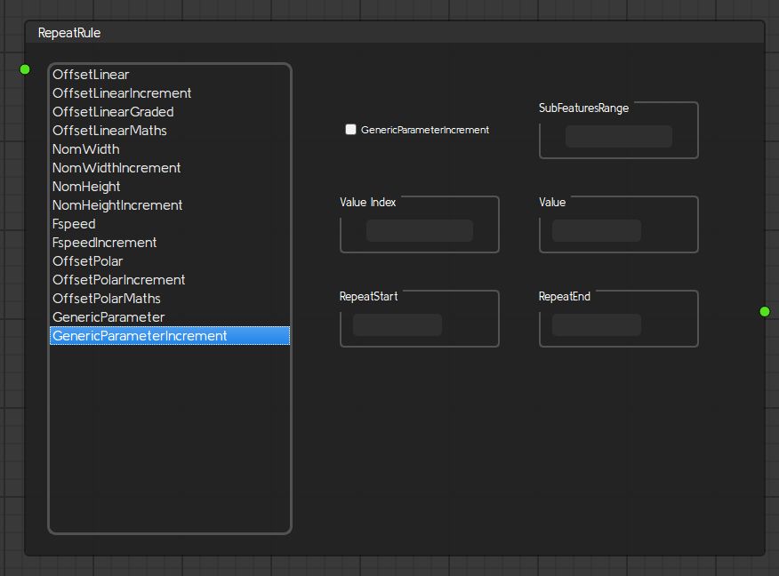 RepeatRule node editor with parameter list and form fields