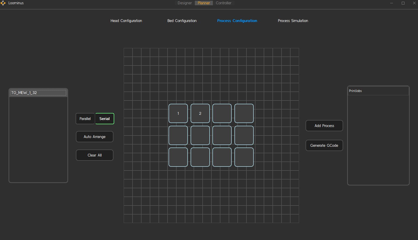 Planner Process Configuration grid with process blocks