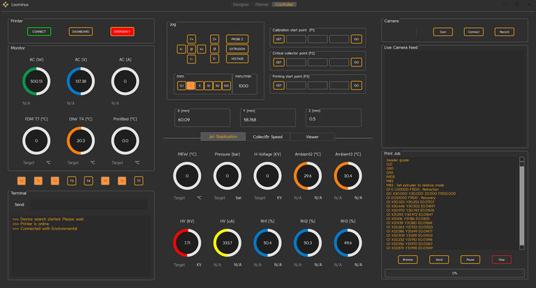 Controller dashboard with gauges, jog controls, and camera feed