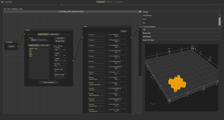 Designer view showing node graph with formulas and 3D preview